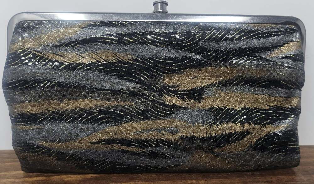 Vintage HOBO Lauren Metallic Shimmery Tiger Leather Double Frame Wallet Clutch - Picture 1 of 12
